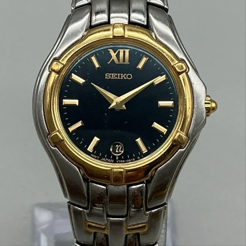 Seiko Womens Watch 26mm Black Dial Two Tone Stainless V789-0369 New Battery 7